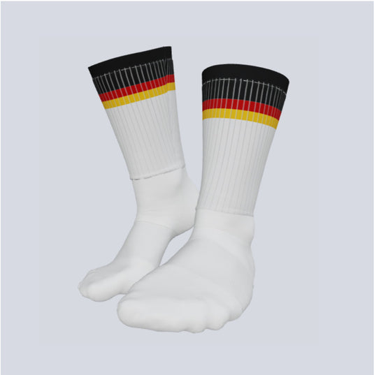 Front view of custom Racer crew socks with team color design