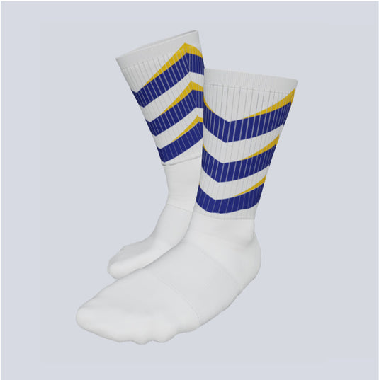 Front view of Custom Rocco Crew Socks with unique team design