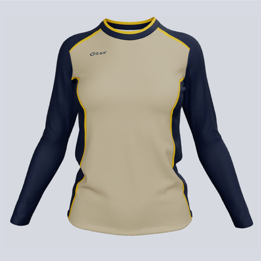 Front view of custom ladies long sleeve jersey with DuraCool sublimated fabric