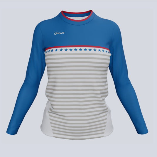 Front view of custom ladies Starz long sleeve jersey with sublimated fabric