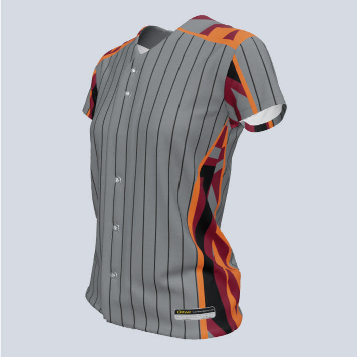 Load image into Gallery viewer, Ladies Ruby Full Button Cap Sleeve Custom Softball Jersey
