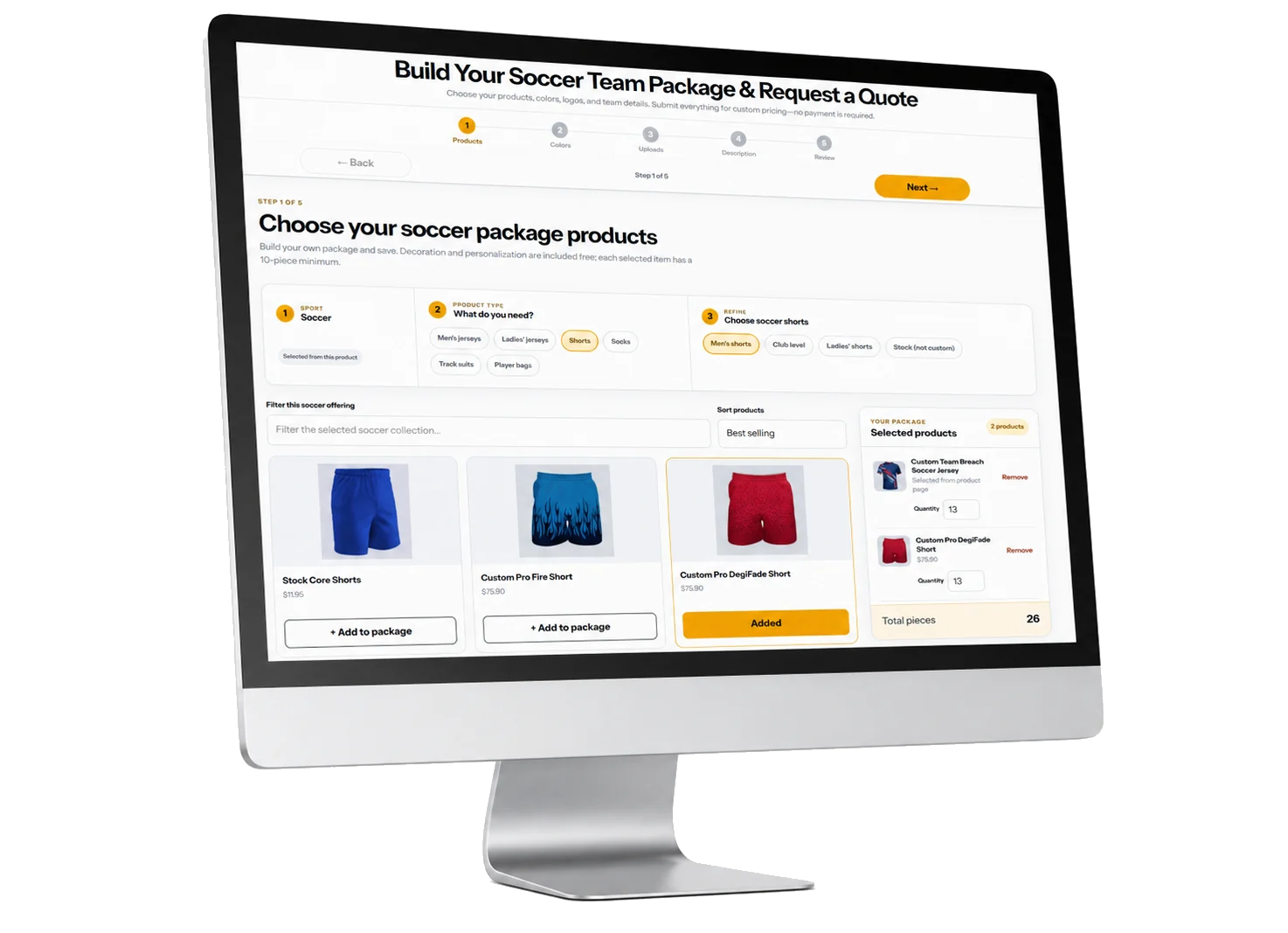 Computer monitor displaying the Gear custom team package quote builder