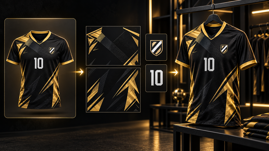 AI jersey design separated into base artwork, logo, number, and finished custom jersey