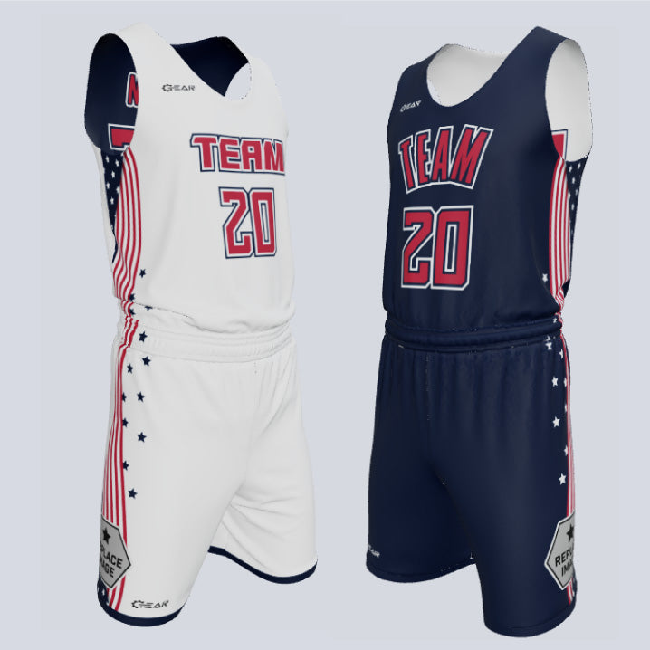 Load image into Gallery viewer, Custom Reversible Single-Ply Basketball American Uniform

