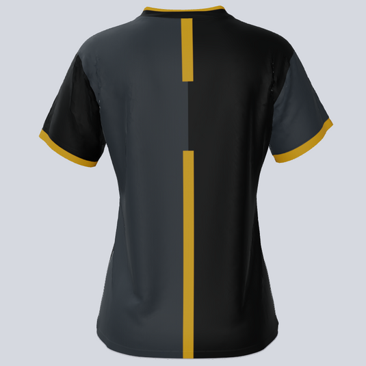 Back view of women's team soccer jersey with custom name