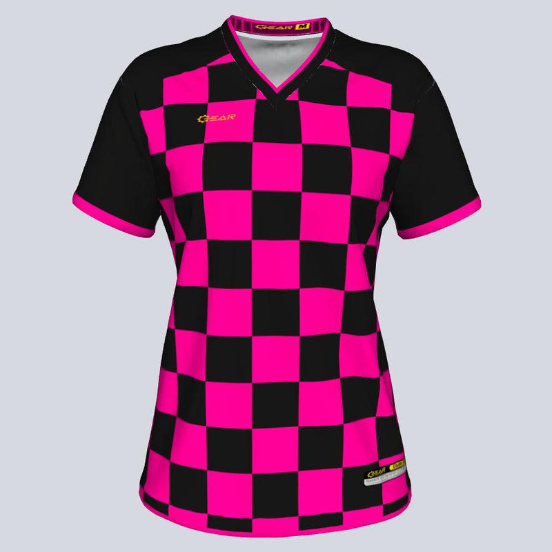 Load image into Gallery viewer, Womens--J-vneck jersey-Checkers-Front
