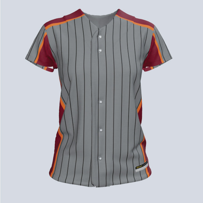 Load image into Gallery viewer, Ladies Ruby Full Button Cap Sleeve Custom Softball Jersey
