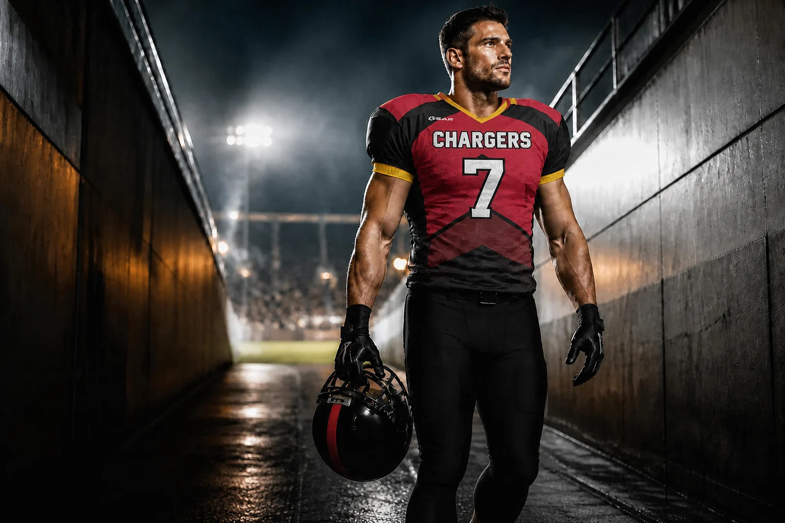 Football player wearing a red and black Chargers number 7 custom uniform