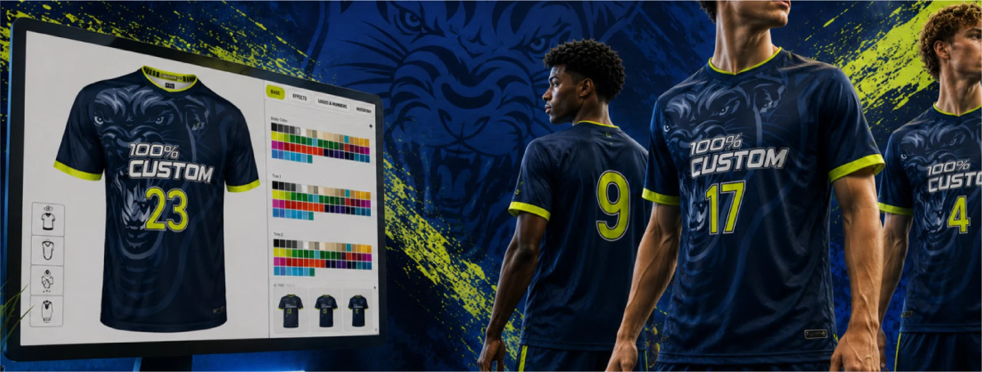Gear 3D uniform builder showing custom jerseys and team players