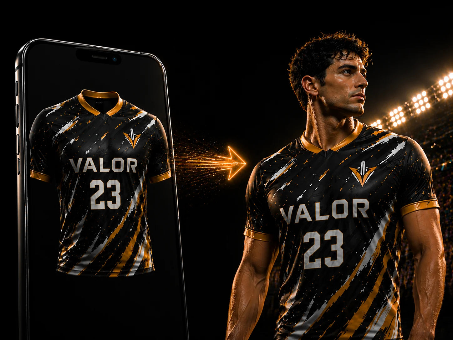 AI-generated jersey concept beside an athlete wearing the finished custom uniform