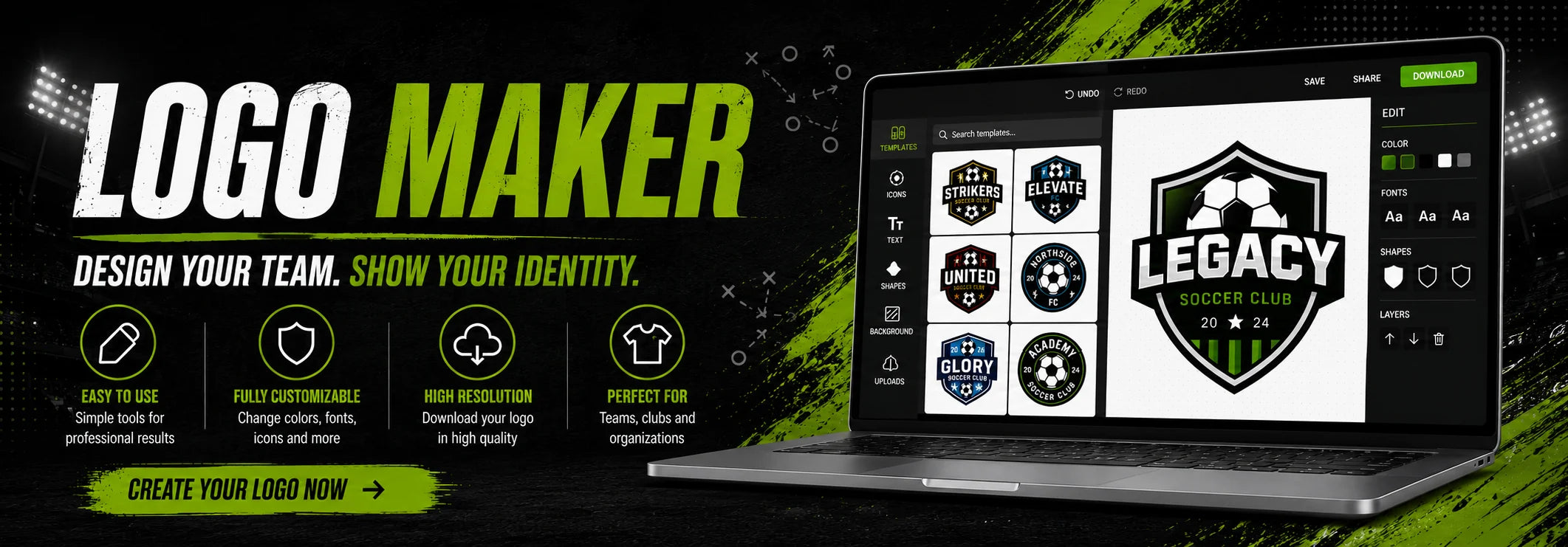 Online team logo maker showing editable sports logo templates
