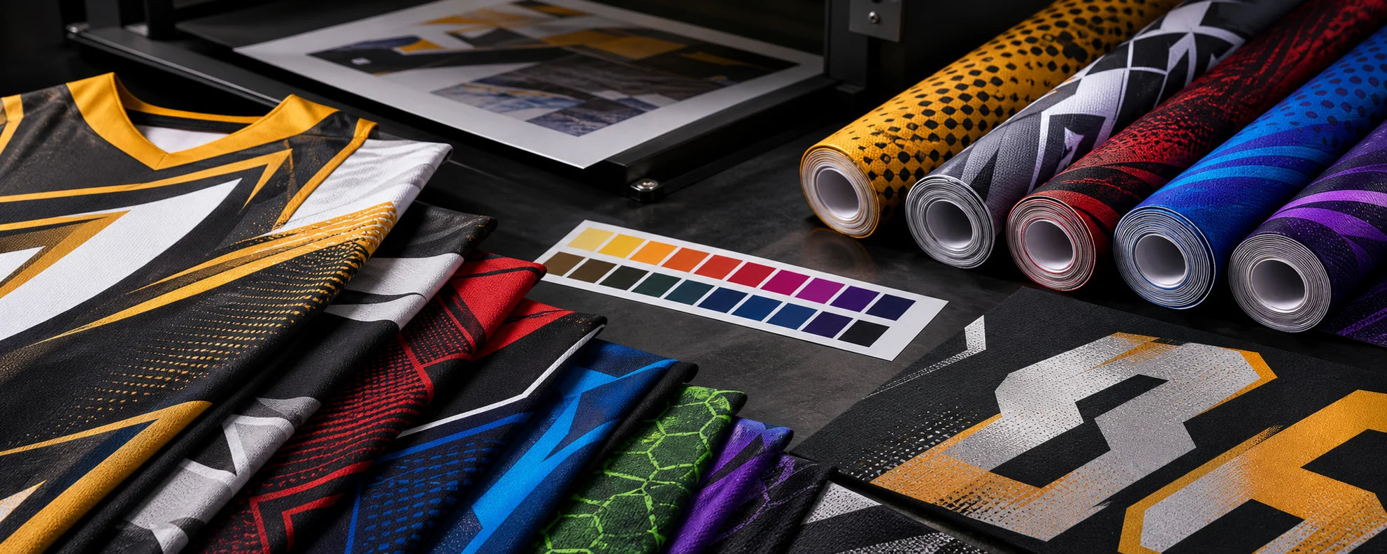 Sublimated jersey fabrics with color swatches, fonts and material textures